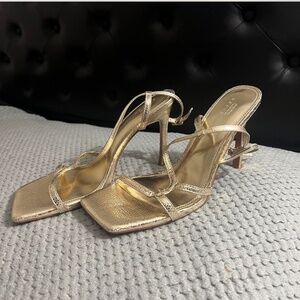 ASOS DESIGN Wide Fit Nydia asymmetric barely there heeled sandals in gold